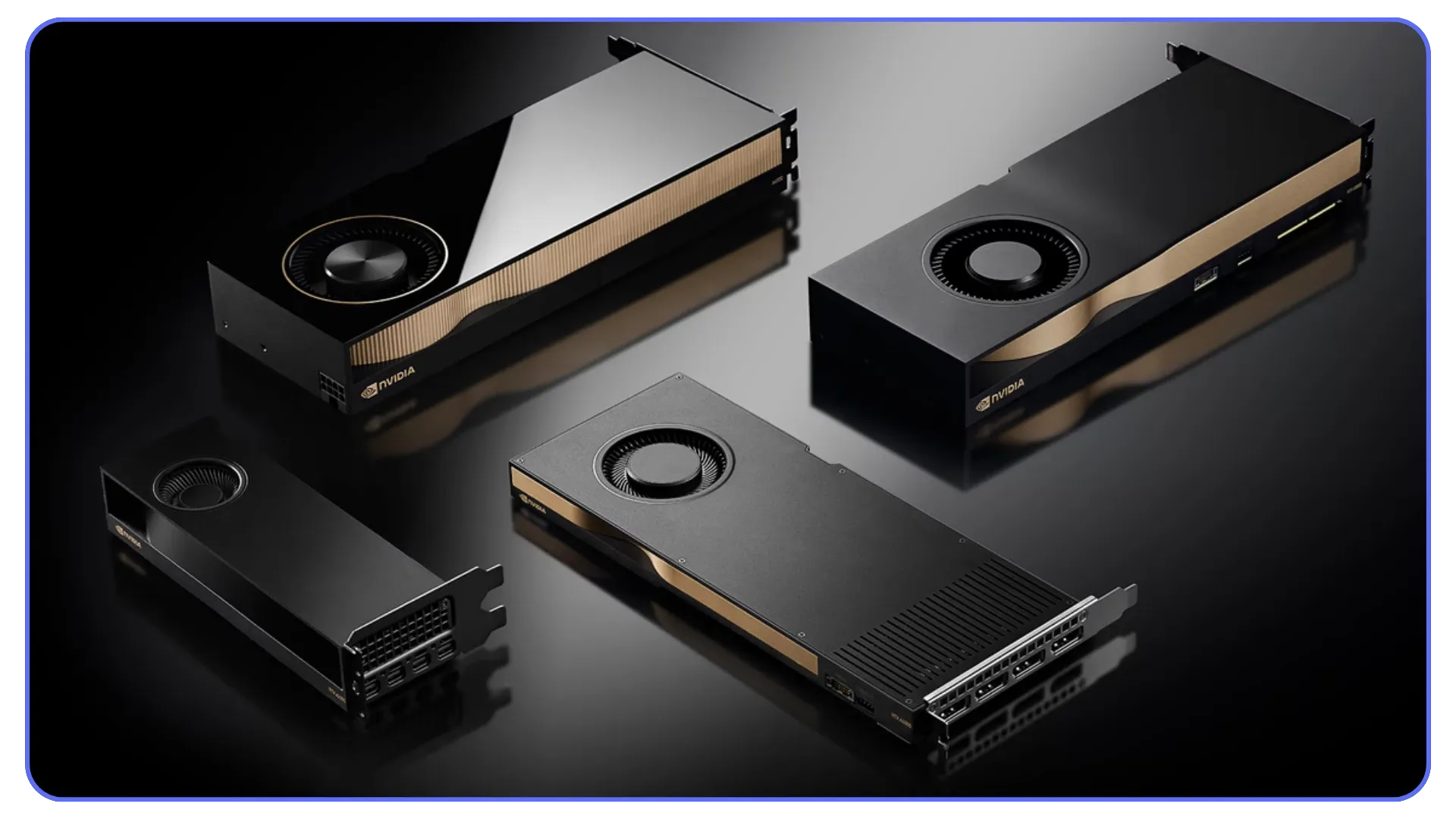 A collection of Nvidia workstation graphics cards arranged on a reflective black surface.