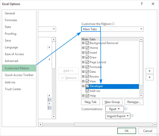 Adding the Developer tab in Excel
