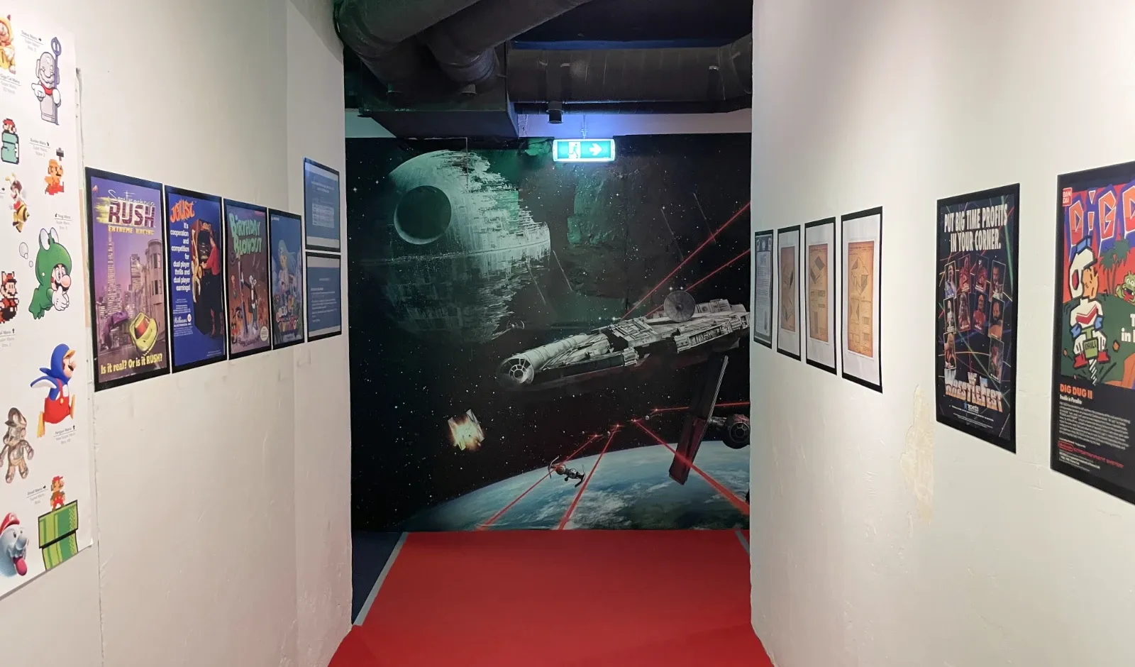Bunker corridor with displays.