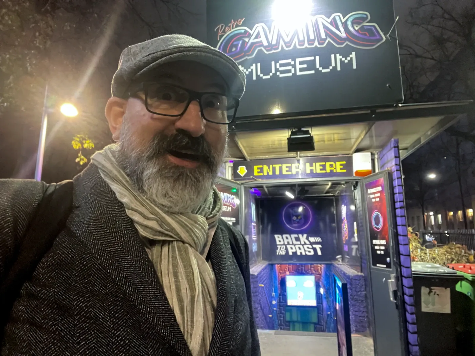 Entrance to the Retro Gaming Museum with signage visible at the bunker entrance.