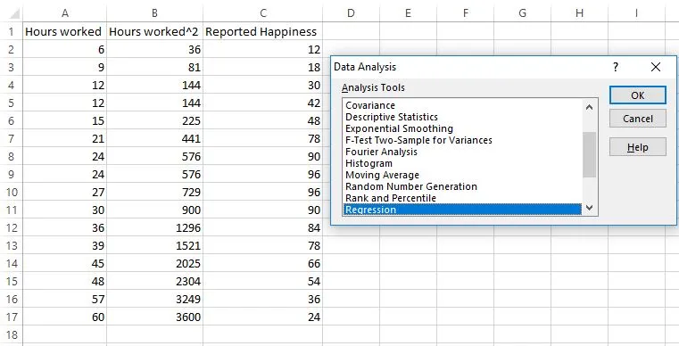Regression analysis dialog box in Excel