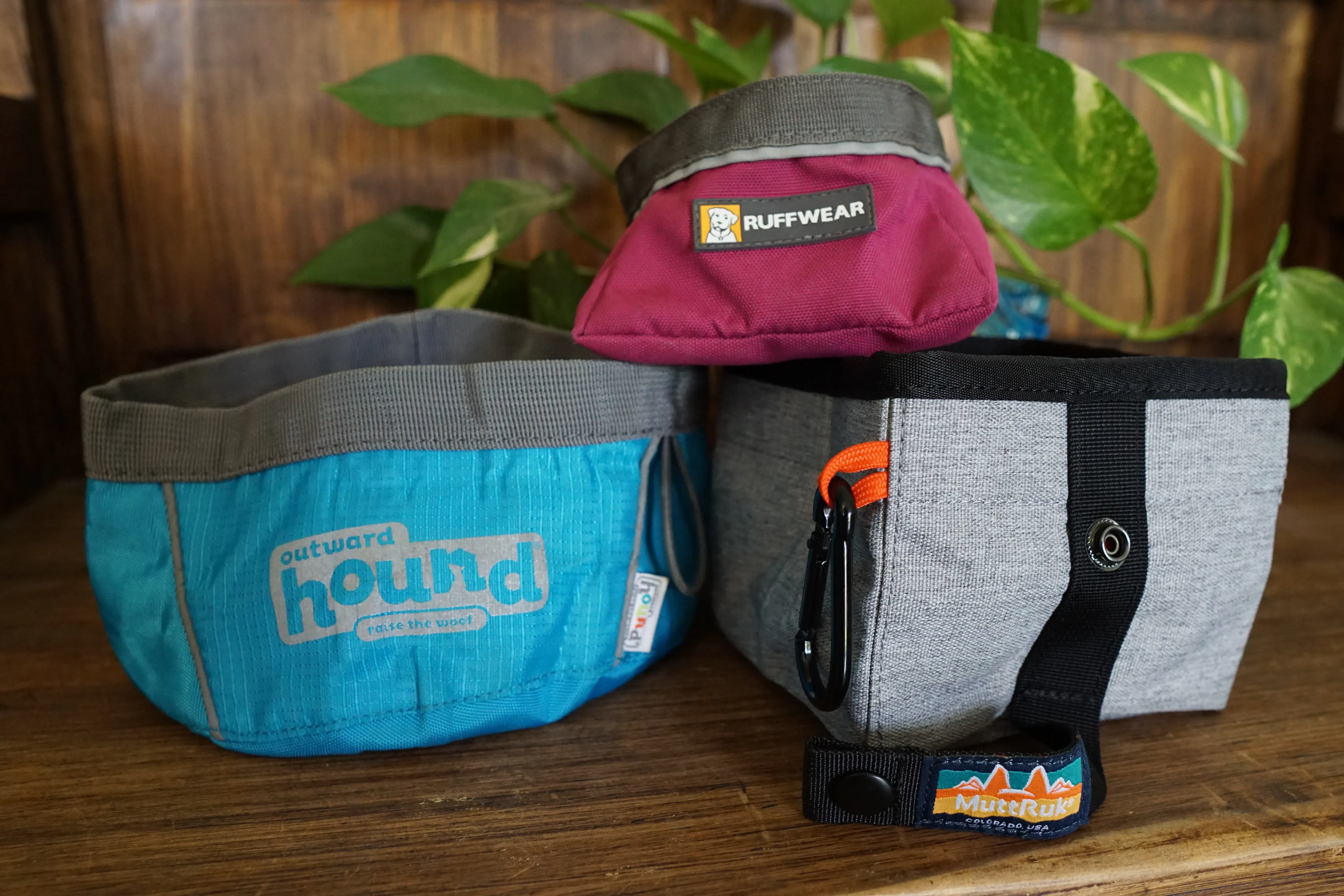 Three foldable travel dog bowls in pink, blue, and gray.
