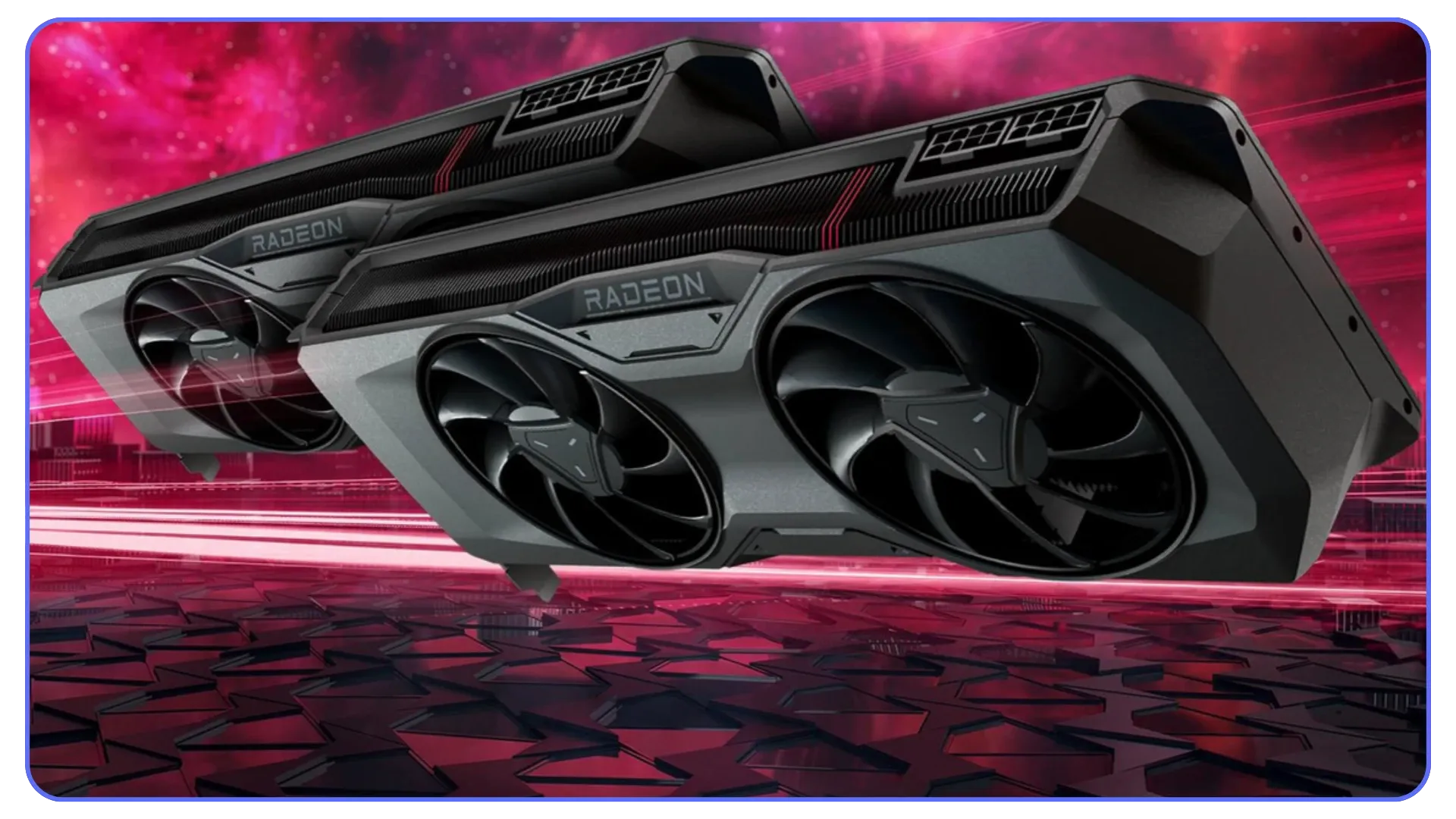 Two AMD Radeon GPUs floating in a futuristic red environment with stylized lighting.