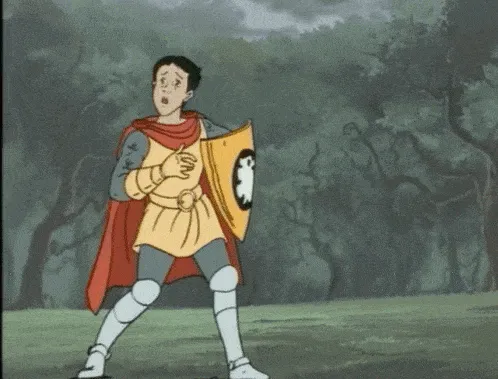 A cartoon image of a man holding a shield emblazoned with a griffin emblem.