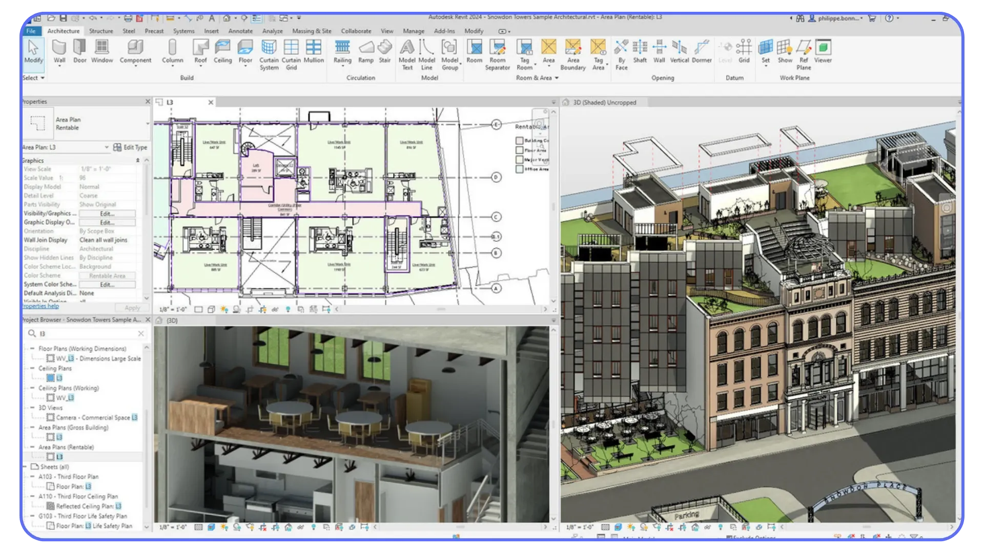 A Revit window displaying a floor plan, a building section, and a 3D urban architectural model.
