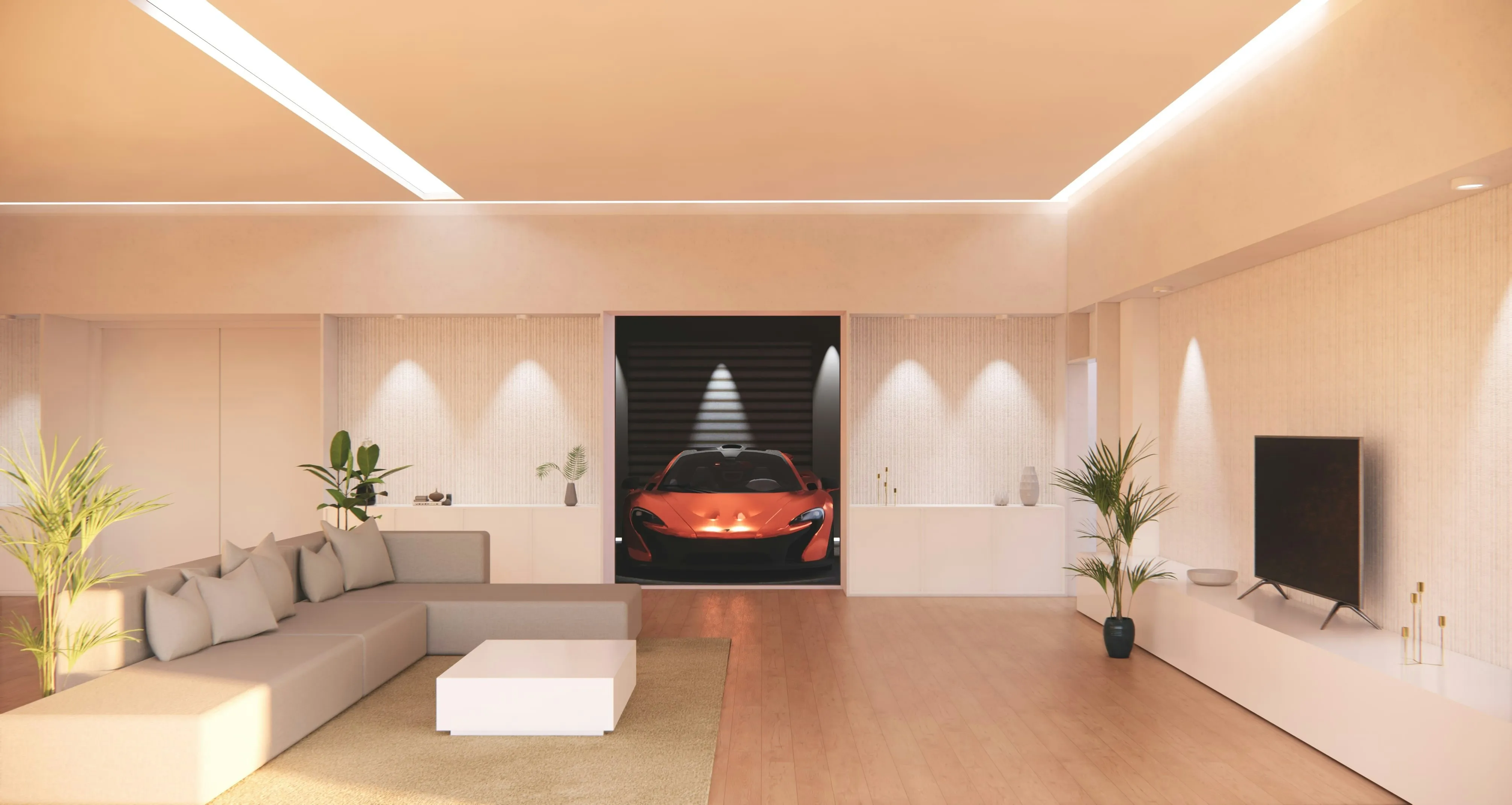 Ambient lighting inside a modern luxury electric sedan at night