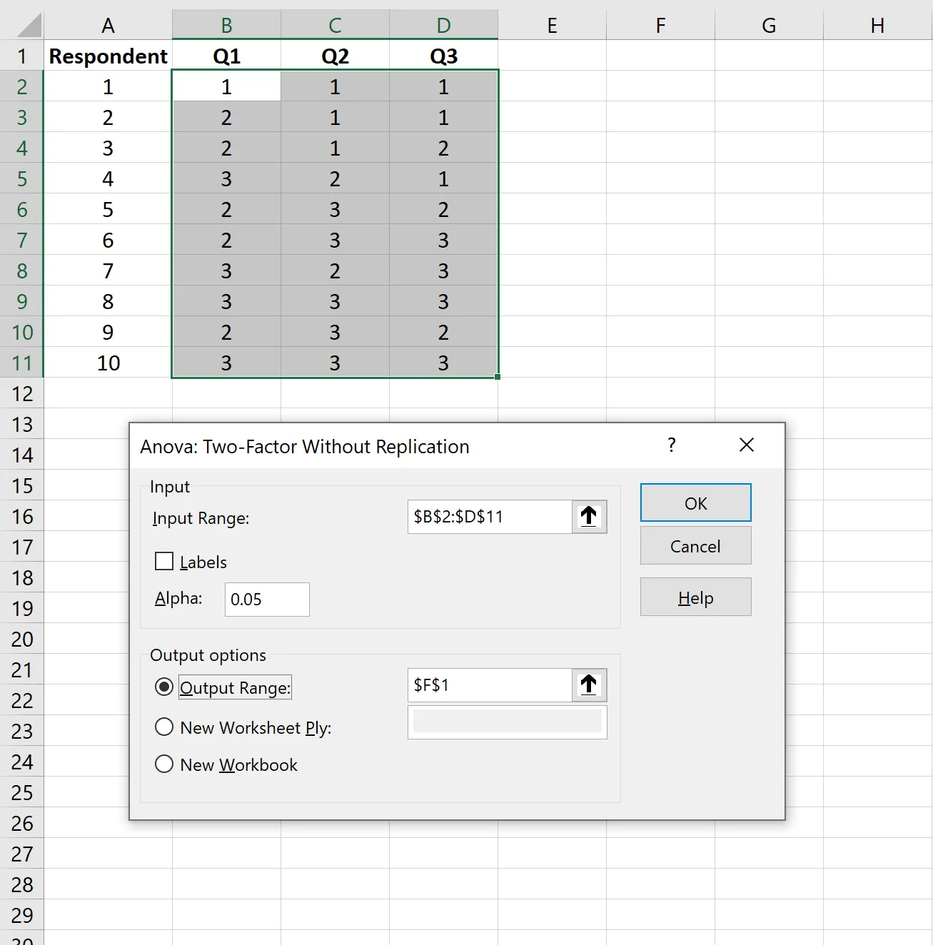 ANOVA Input Window