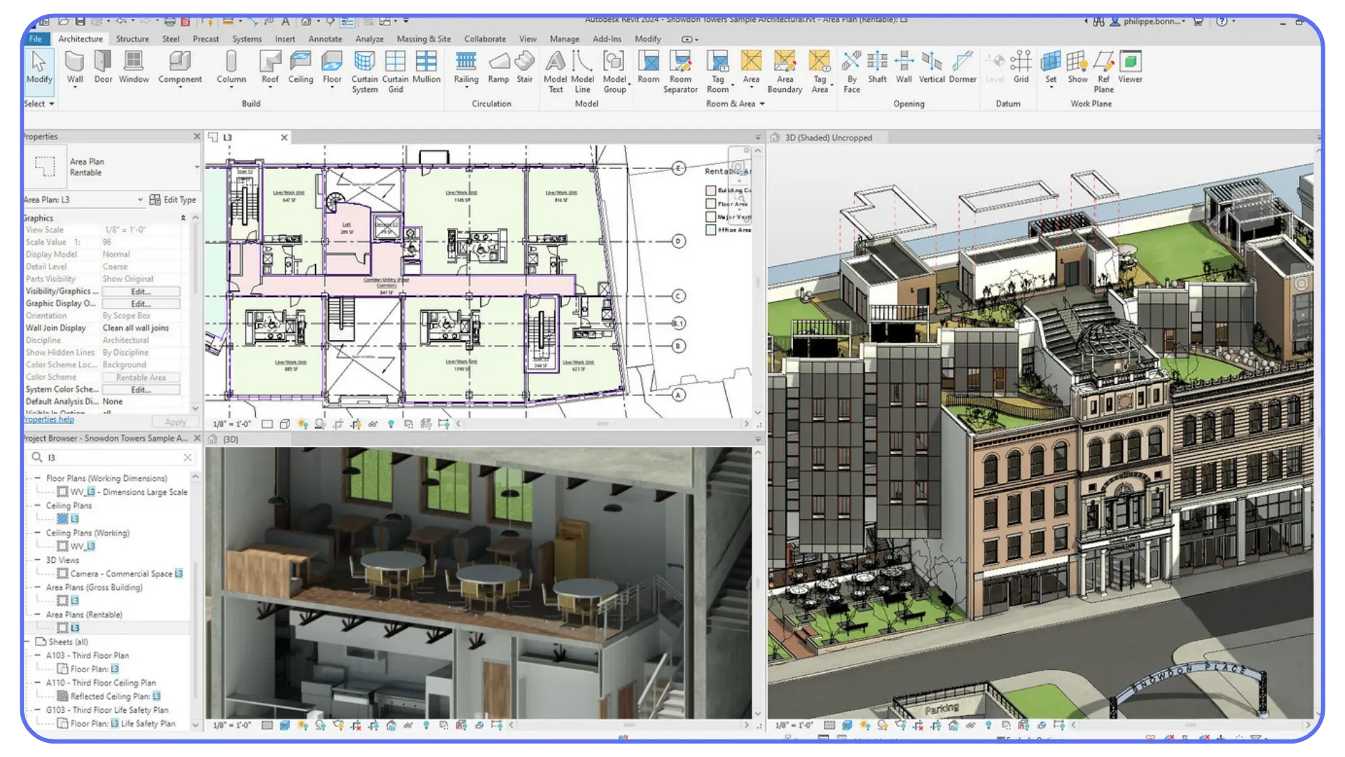 Autodesk Revit workspace showing area plans, linked floor plans, and a detailed 3D building model.