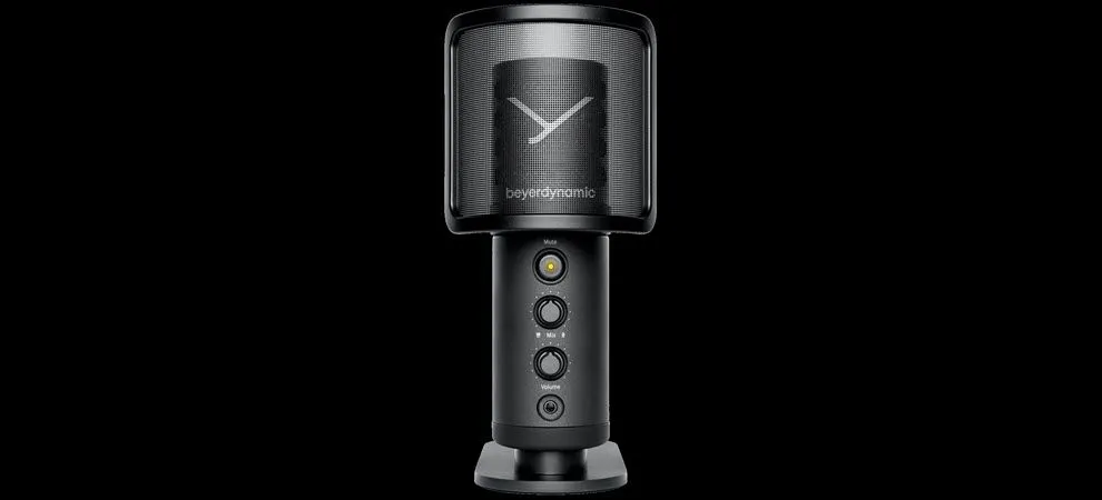 Beyerdynamic FOX microphone against a black background.