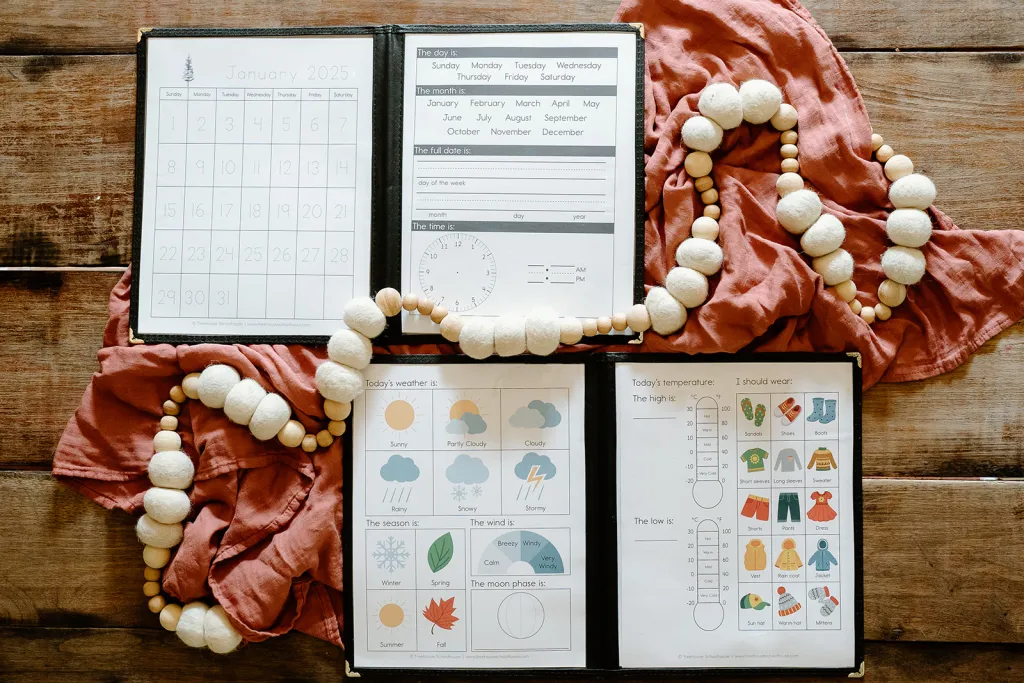 Calendar and weather charting in a homeschool menu cover