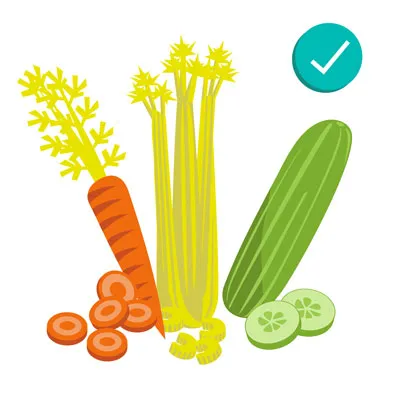 Carrots, cucumber, and celery are healthy snacks.