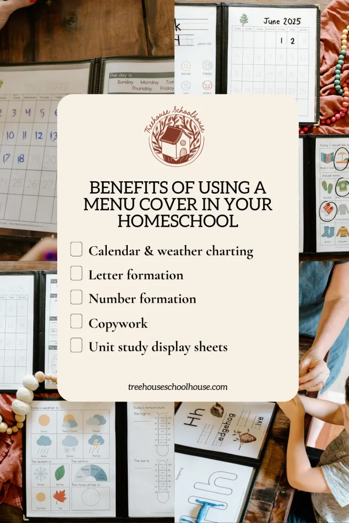 Child's magazine organizer holding homeschool materials including menu covers