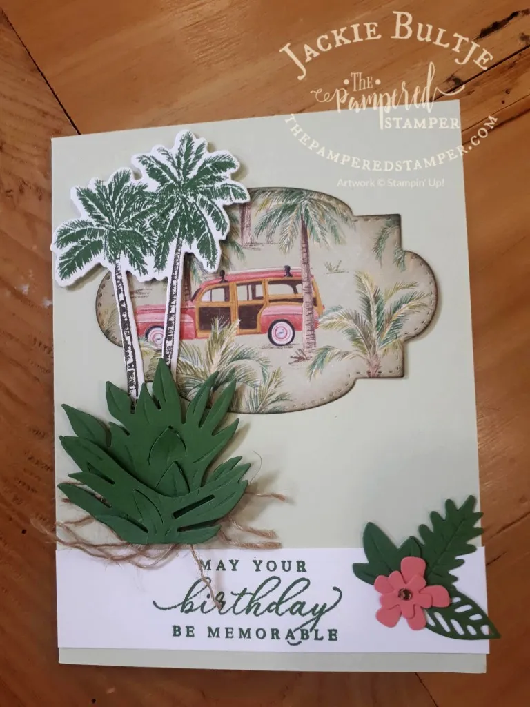 Close-up of a card detail, illustrating a two-dimensional bush created from a pineapple top.