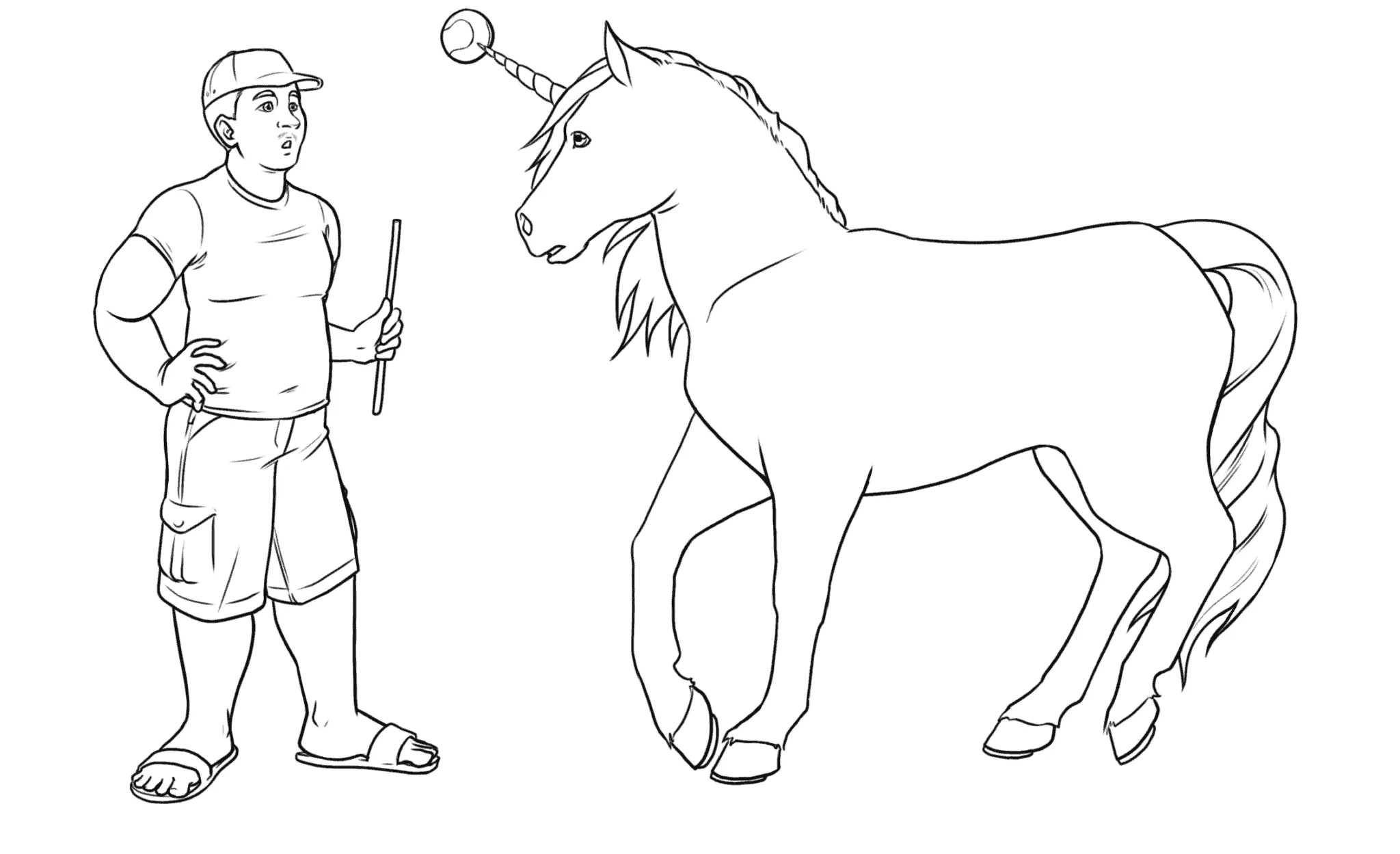 Cute boy with a stick standing next to a unicorn, outline illustration for coloring or activity.
