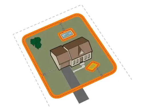 Diagram of a house with a perimeter loop and an excluded area within the yard.