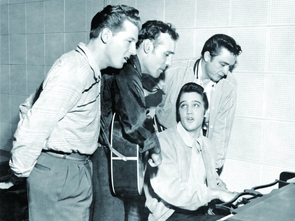 Elvis in Memphis, Tennessee, singing hymns with Jerry Lee Lewis, Carl Perkins, and Johnny Cash.