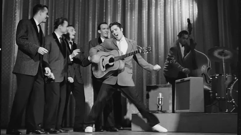Elvis Presley during his performance on The Ed Sullivan Show in 1957