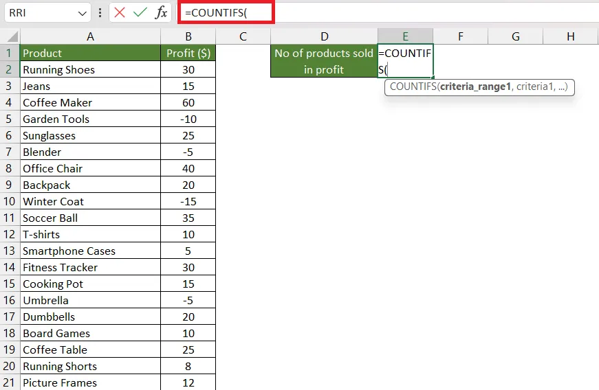 Entering the COUNTIFS formula