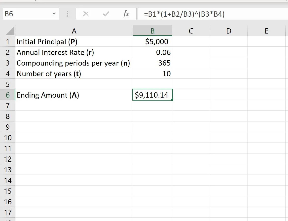 Excel screenshot showing the calculation of daily compound interest