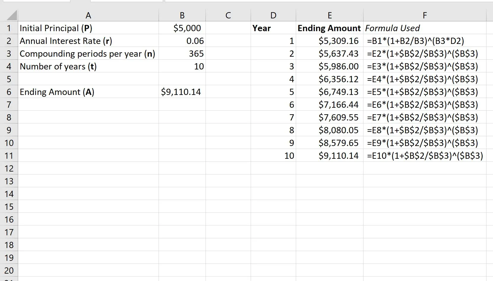 Excel screenshot showing year-by-year calculation of daily compound interest