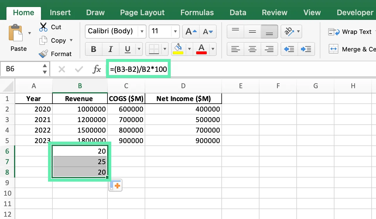 Excel showing copied revenue percentage change formulas