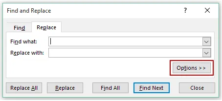 Expand Find and Replace Options