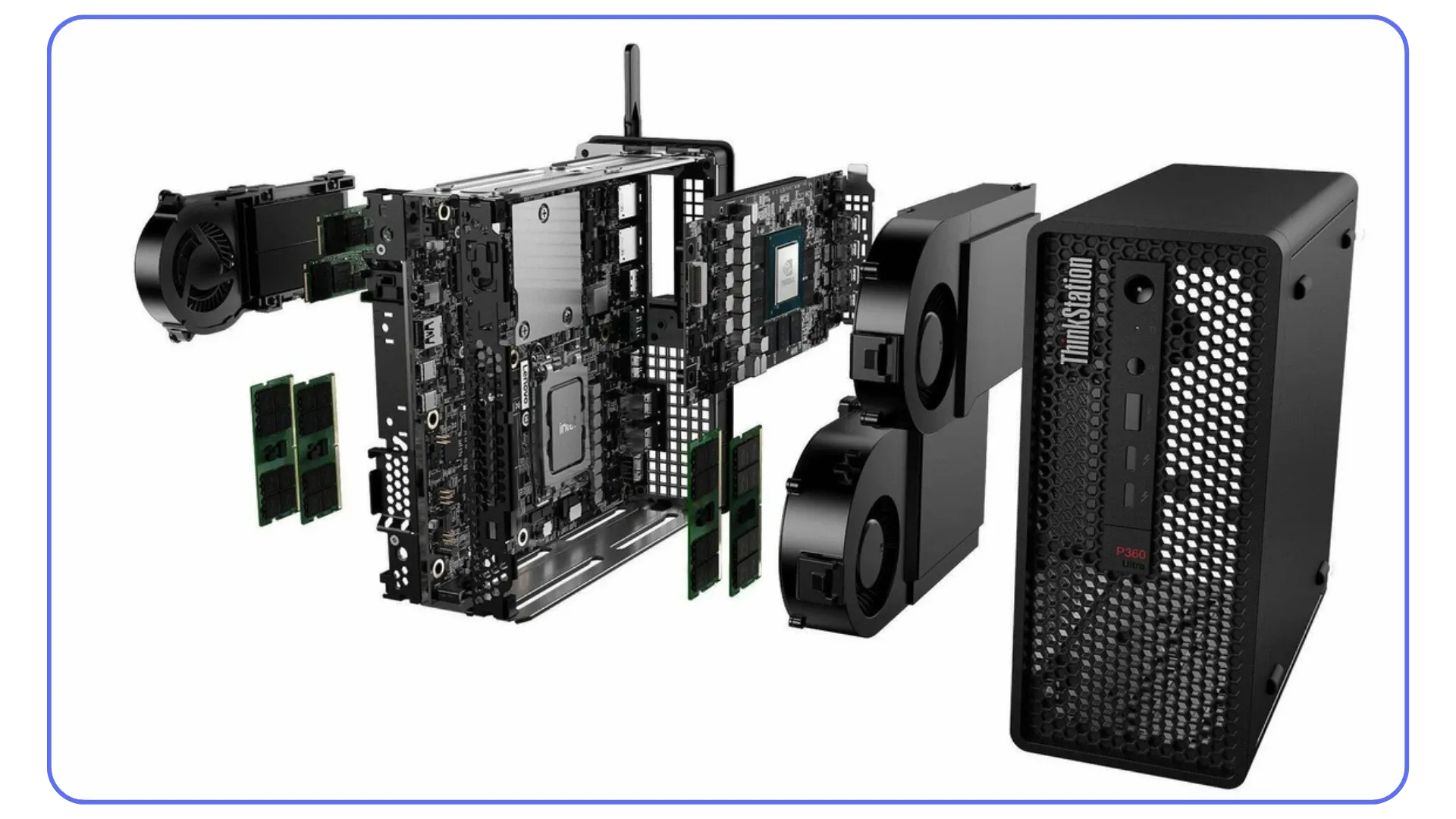 Exploded view of the Lenovo ThinkStation P3 showing CPU, RAM, GPU, and cooling components.