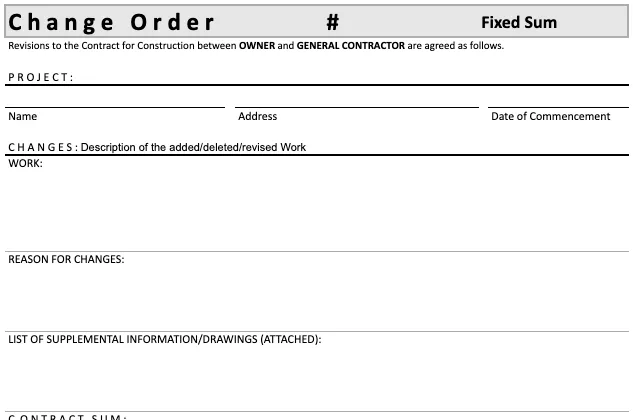 Fixed sum contract change order template preview between owner and GC