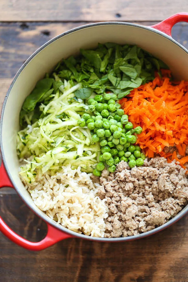 Homemade dog food in Dutch oven with ground turkey, rice, and fresh vegetables