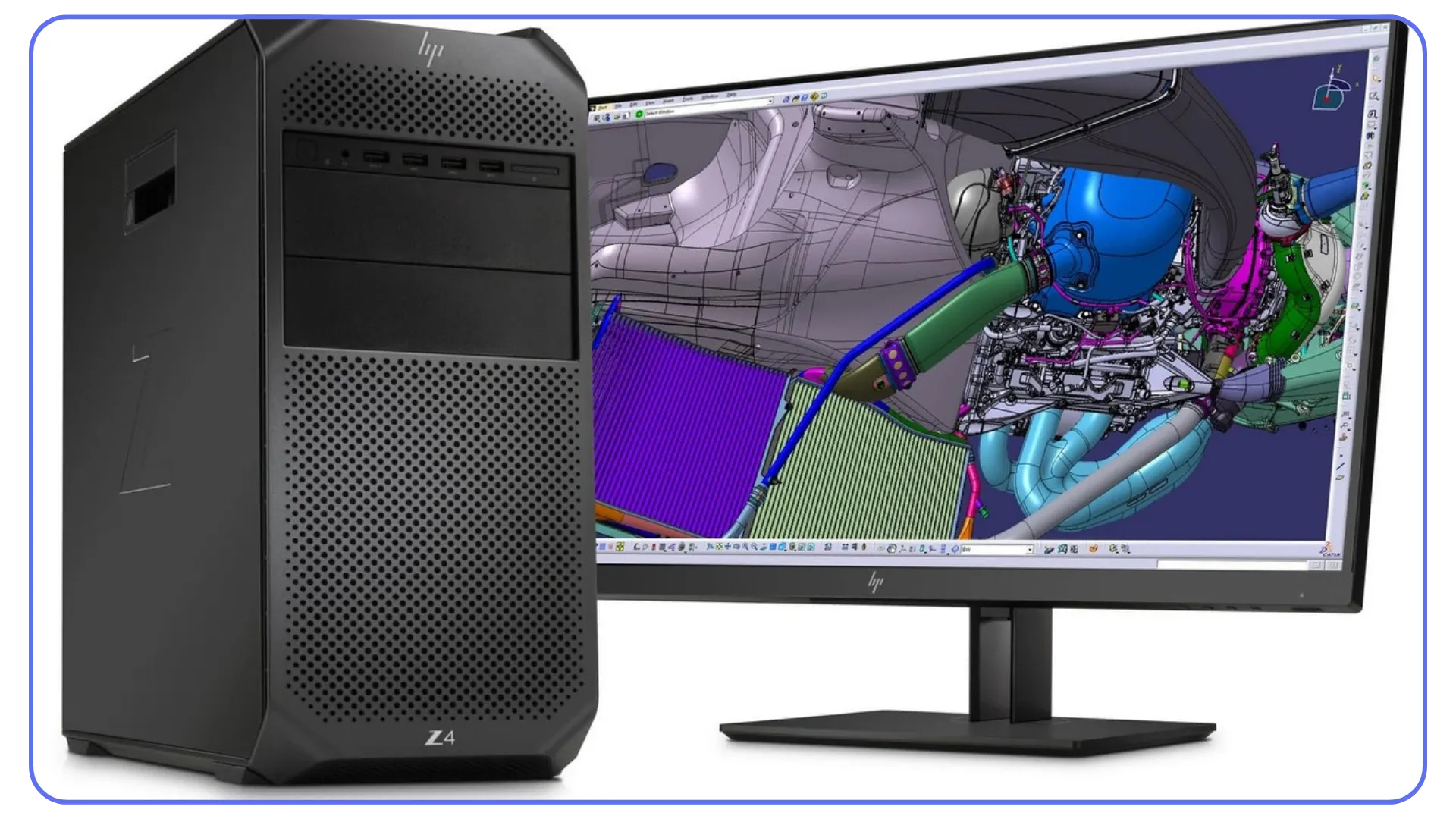 HP Z4 workstation running complex 3D engineering software, showing a powerful desktop option for Autodesk Revit.