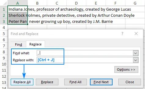 Inserting line breaks instead of commas