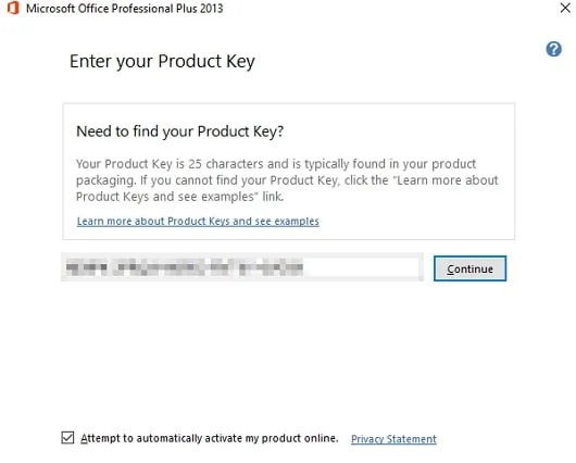 Microsoft Office 2013 product key entry