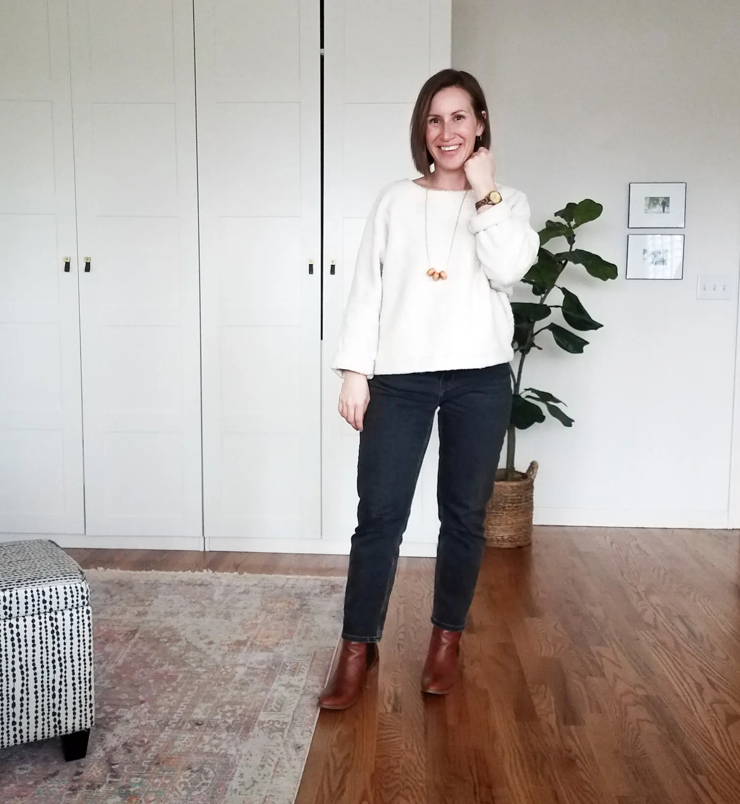 Paige Marchi wearing a favorite textured sweater with jeans