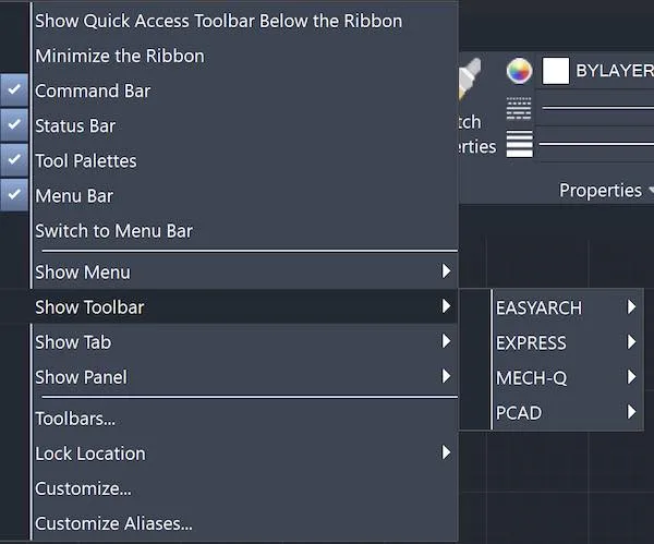 Right-click context menu for toolbars in AutoCAD