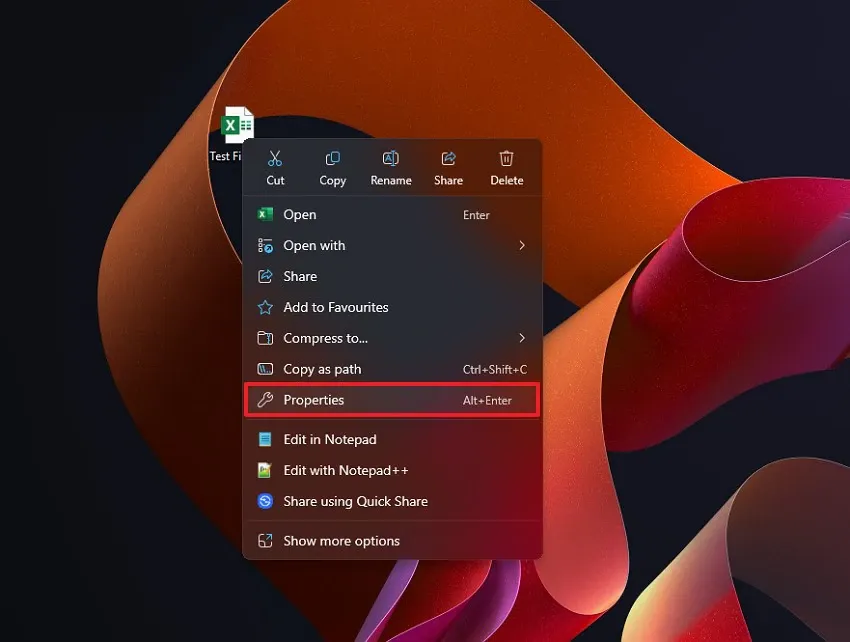 right click select properties button