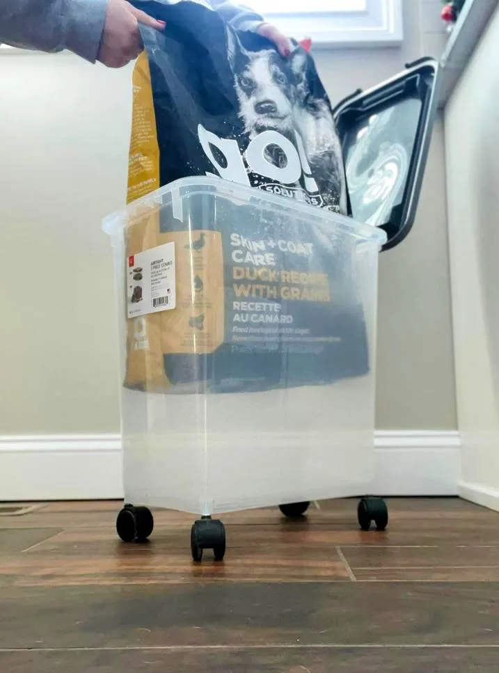 Safe pet food storage methods include keeping food in its original packaging.