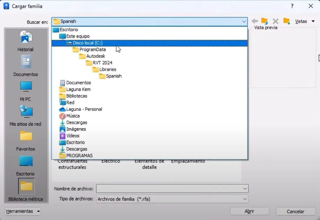 Screenshot of installing Revit families