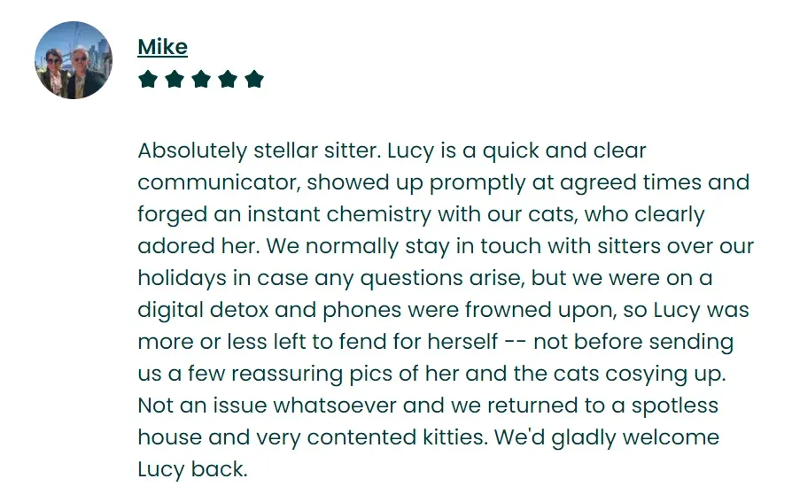 Screenshot of one of my Trustedhousesitters reviews about my time in Mile End in London
