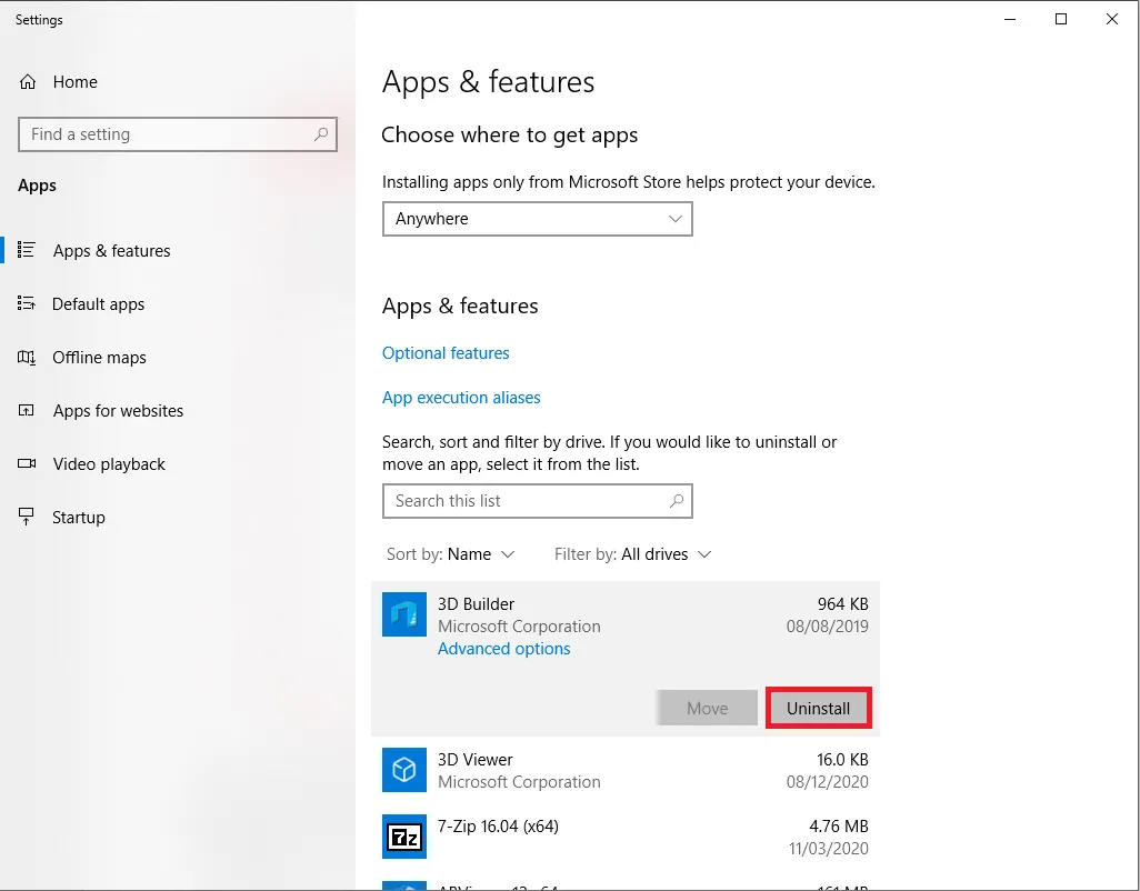 Screenshot of Windows Apps and Features list