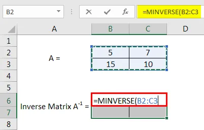 Specifying the input matrix range for the MINVERSE function.