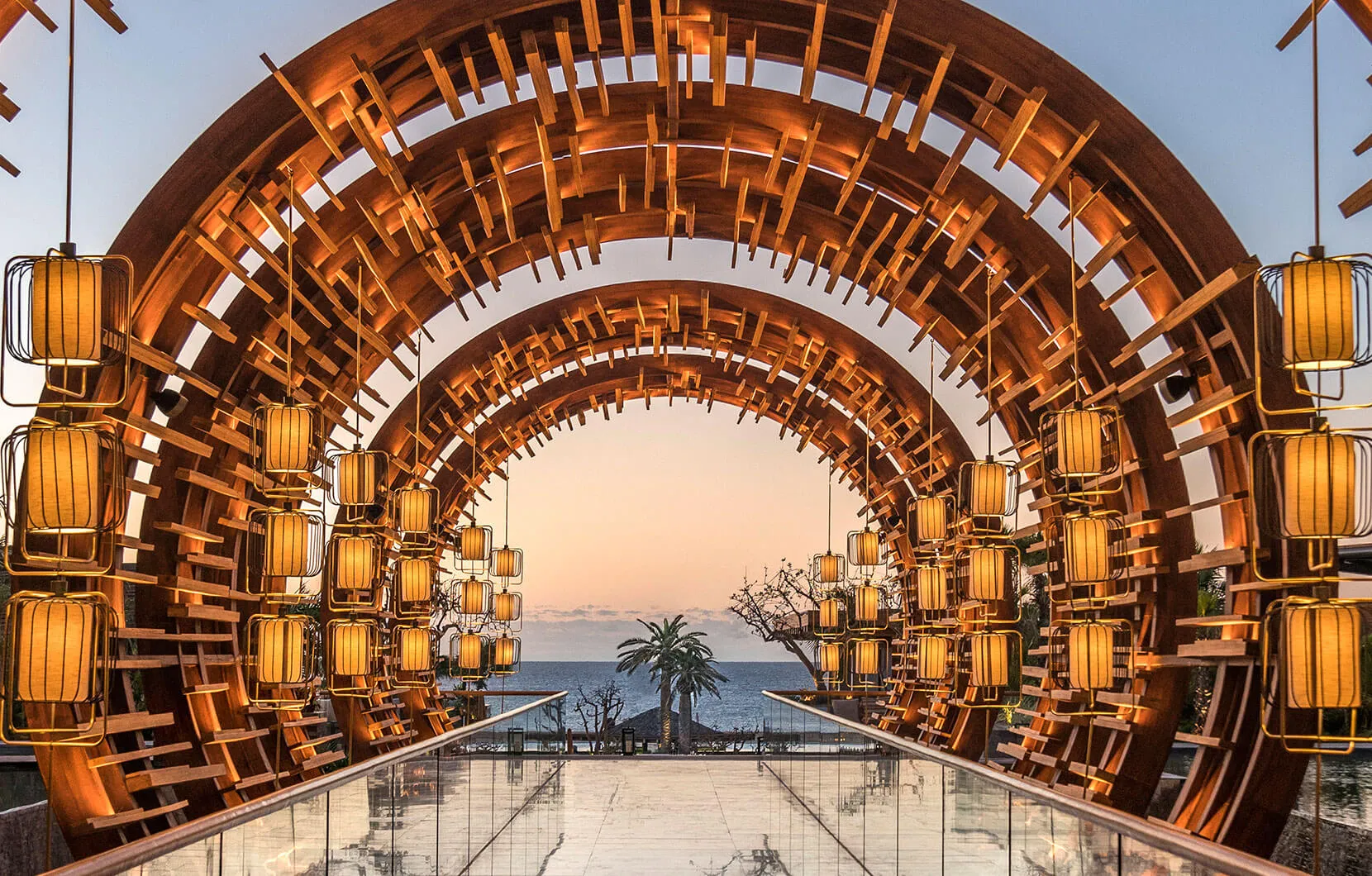 The resort’s iconic Sky Walk welcomes visitors to this perfect paradise.