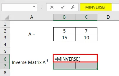 Typing the MINVERSE function into the formula bar.