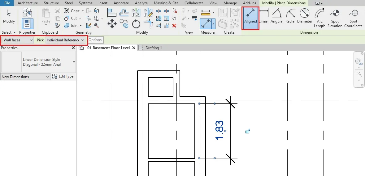 Using Aligned Dimension to Position Wall