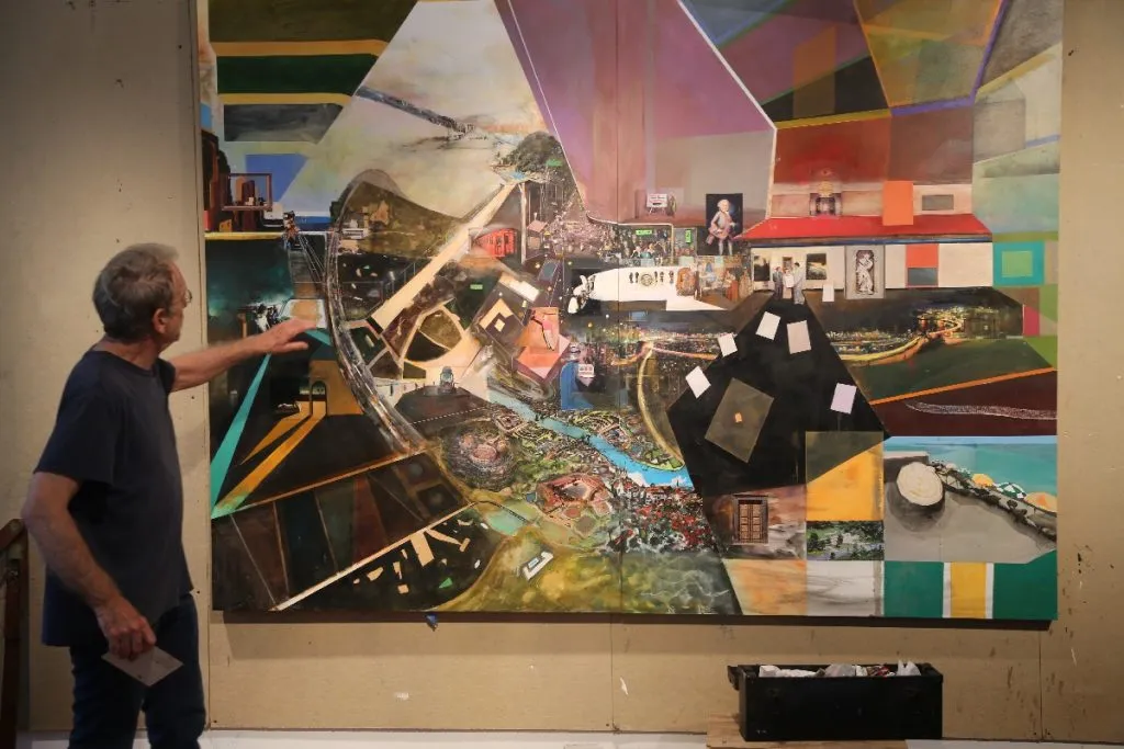 Wegman also creates oil paintings, often incorporating collected postcards.