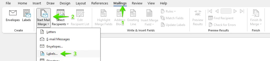 Word's Mail Merge tab showing the 'Labels' option