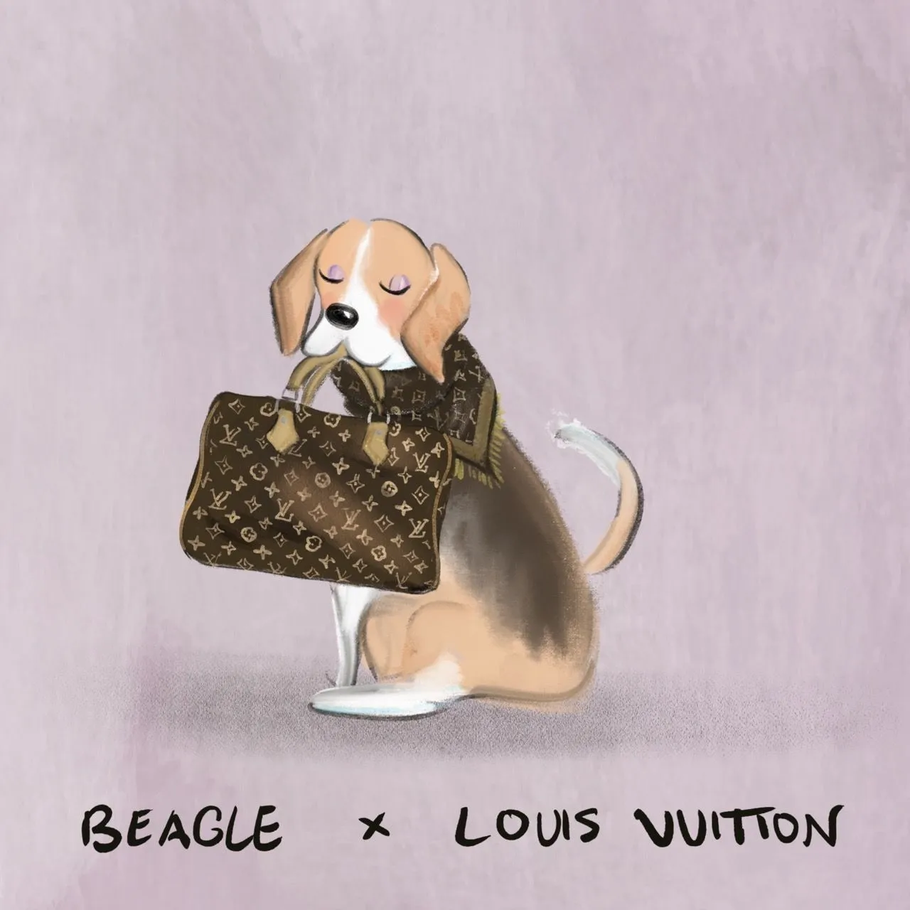 A beagle carrying a classic Louis Vuitton handbag and wearing a monogrammed scarf.