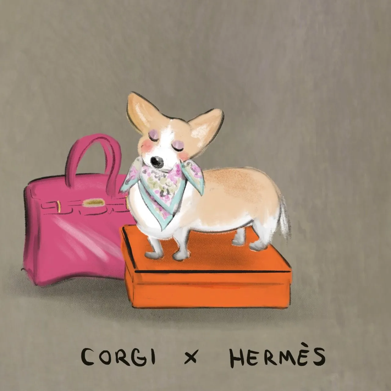 A Corgi standing on an orange Hermès box with a silk scarf and pink Birkin-style bag.