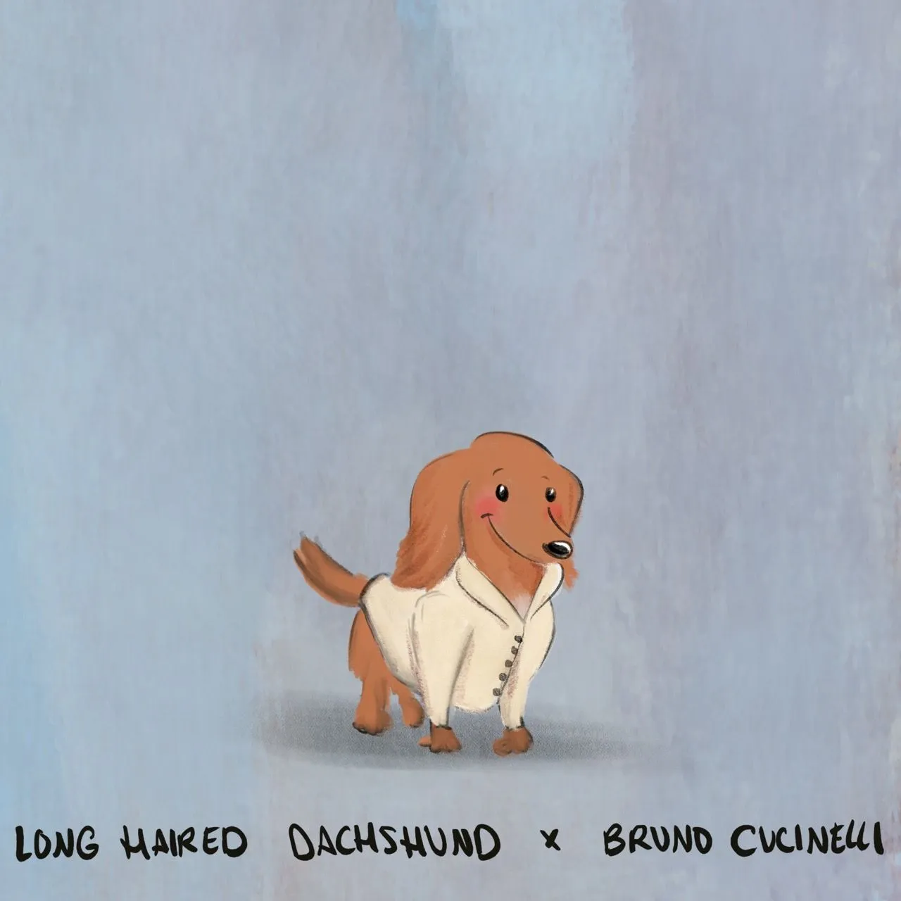 A long-haired Dachshund in a soft cream Brunello Cucinelli cardigan.