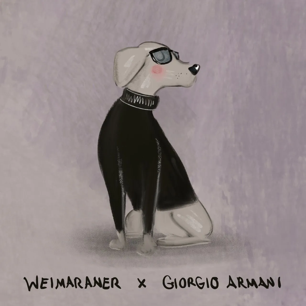A Weimaraner in a sleek black Giorgio Armani turtleneck and dark sunglasses.