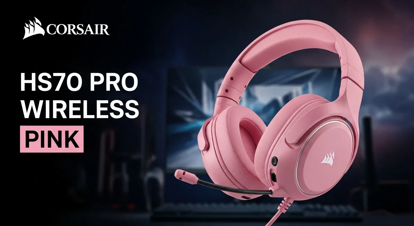 Corsair HS70 Pro wireless headset in pink.